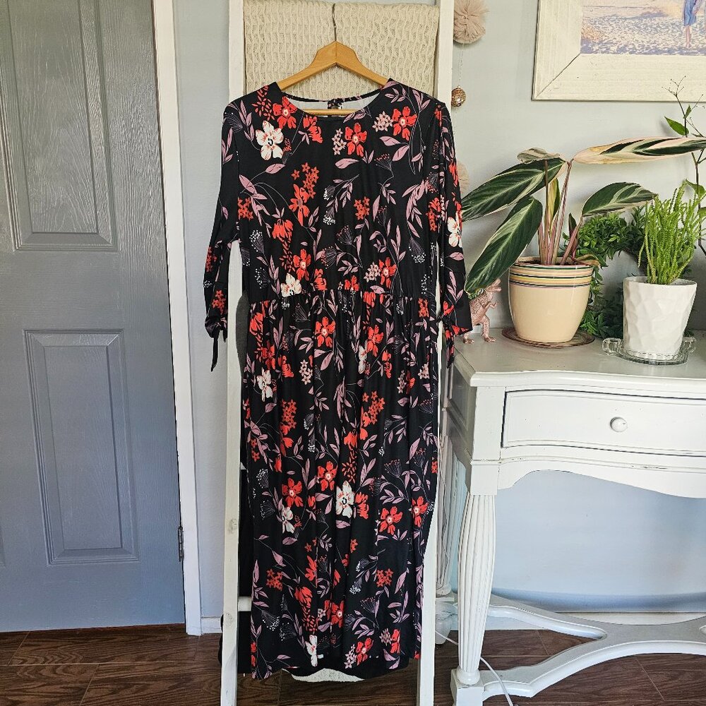 Tara Lynn’s Boutique Fall Floral Midi Dress 2XL Long Sleeve Pockets Stretch